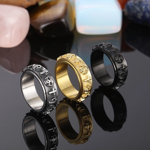 Anillo Giratorio De Calavera Y Cruz Para Hombre Acero De Titanio Gótico Punk Alivio Del Estrés Joyería