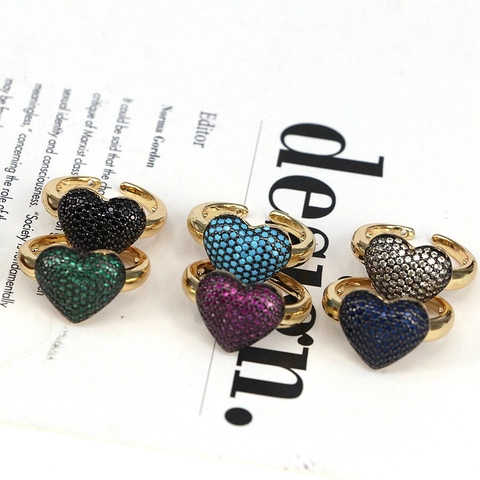 Heart Ring 18K Gold Plated Copper Pave Colorful Zircon Adjustable Open Band Fashion Jewelry For Women