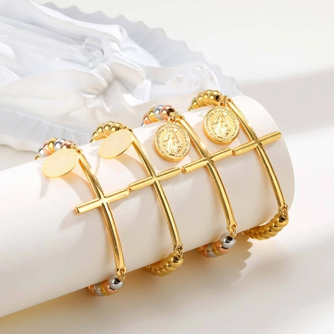 Bracciale Con Perline In Acciaio Inossidabile Con Croce Medaglia Religiosa Gioielli Tricolore Donna