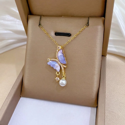 Butterfly Pendant Necklace Stainless Steel Gold Chain Purple Gradient Wings Cubic Zirconia Artificial Pearl Elegant Jewelry Women