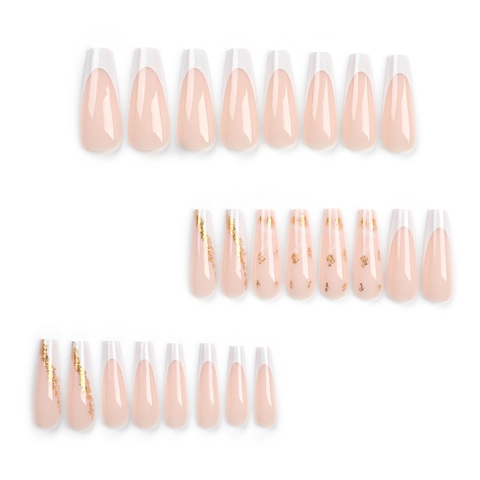 Unghie Finte Press On Extra Lunghe Coffin Punte Bianche Francesi Foglia D'Oro Nude Rosa Forma Ballerina Per Donne