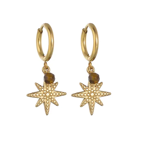 French Style Stainless Steel Hoop Earrings With Star Feather Pendant And Artificial Pearl Beads Vintage Jewelry For Women