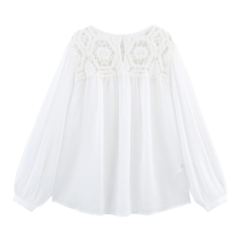Französischer Stil Ausgehöhlte Häkelspitze Chiffon Bluse Lange Laternenärmel Lose Rundhals Elegantes Oberteil Für Damen