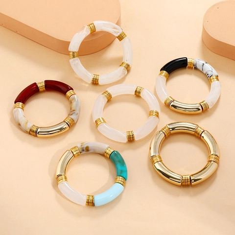 Acrylic Resin Curved Tube Bracelet Marble Pattern Bamboo Joint Elastic Bangle Women Bohemian Style Fashion Jewelry