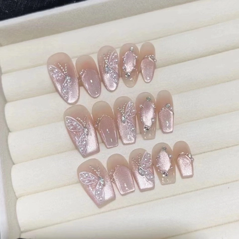 Handmade Pink Cat Eye Press On Nails With 3D Butterfly Artificial Pearl Rhinestone Decorations Coffin Almond Shape Elegant For Women