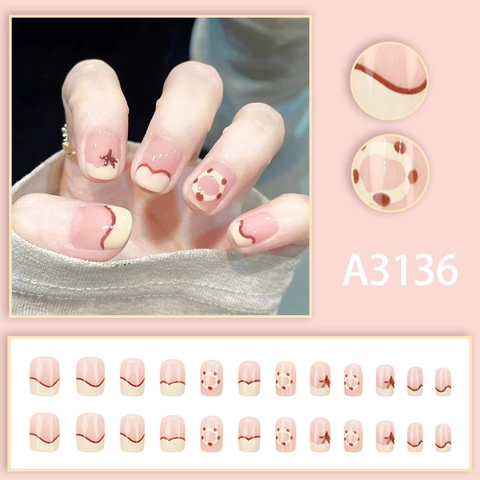 French Short Press On Nails Resin Cute Sweet Red Wave Dots Star Pattern Detachable False Nails For Women Daily Wear