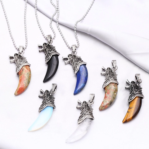 Retro Wolf Head Tooth Pendant Necklace Copper Natural Stone Punk Gothic Style Jewelry For Men Women