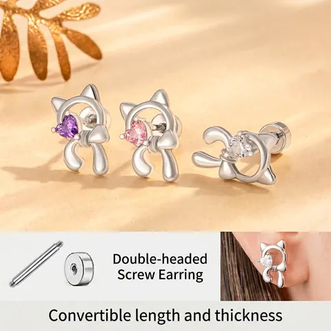Cat Bow Knot Screw Stud Earring Heart Zircon Titanium Steel Earring Post Cartilage Piercing Cute Jewelry For Women