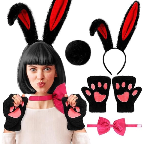 Bunny Ears Costume Accessories Headband Bowtie Tail Cuffs For Easter Halloween Cosplay Party Plush Satin Rabbit Girl