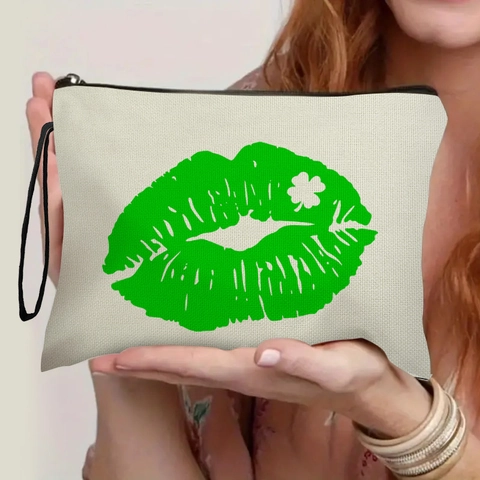 St Patrick's Day Make-Uptas Groene Lippen Klaver Linnen Ritszakje Draagbare Reistoiletorganisator Met Polsbandje