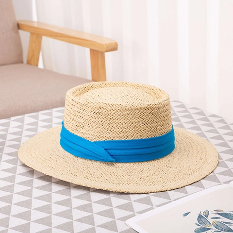 Handmade Paper Straw Boater Hat Wide Brim Sun Protection Summer Beach Vacation Flat Top With Ribbon Bow For Women