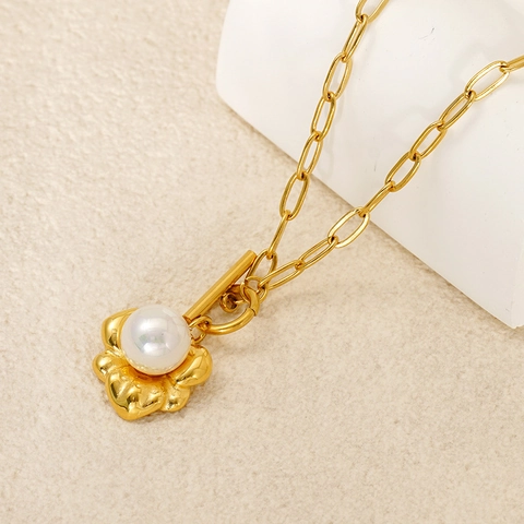 Collana Pendente Acciaio Inossidabile Perla Artificial Petalo Fiore Placcato Oro Catena Graffetta Chiusura Toggle Gioielli Moda Donna