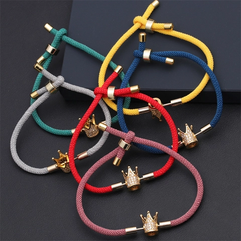 Adjustable Woven Rope Bracelet With Copper Micro Pave Zircon Crown Pendant Elegant Jewelry For Women