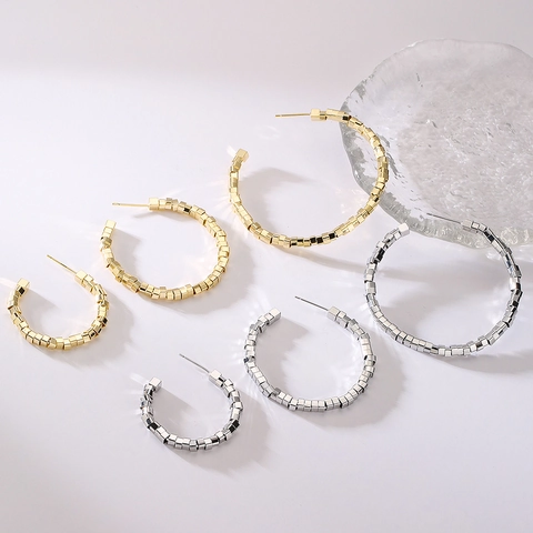 Geometric Cube Linked Hoop Earrings For Women Copper Real Gold Plated C Shaped Retro Modern INS Style Fashion Jewelry