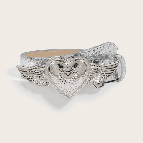 Cintura Donna In Ecopelle Argento Trama Pelle Di Serpente Fibbia Cuore Ali Lega Moda Y2K Accessorio Jeans