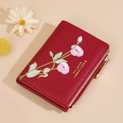Cartera Corta Mujeres Cuero PU Bordado Floral Bolsillo Monedas Cremallera Ranuras Tarjetas Compacta Elegante Moda RFID