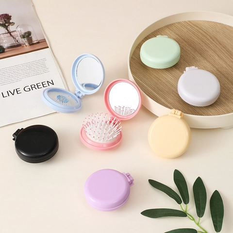 Foldable Mini Hair Brush Integrated Round Mirror Portable Airbag Massage Comb Plastic Travel Styling Tool For Women