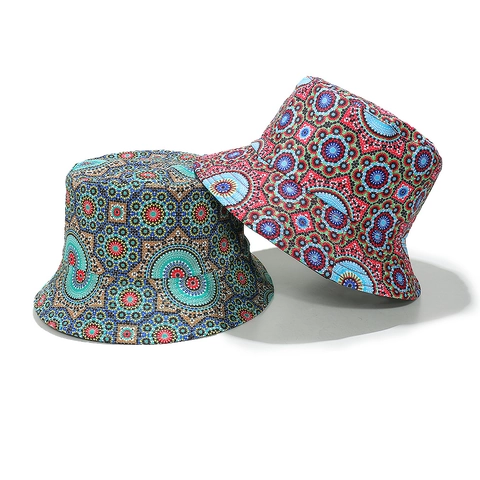Bohemian Ethnic Print Bucket Hat Polyester Sun Protection Outdoor Retro Geometric Mandala Fisherman Hat For Adults