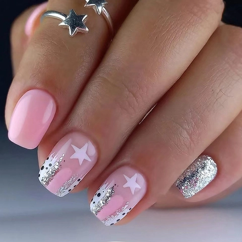 Unghie Finte A Pressione Rosa Bianco Quadrato Motivo A Stella Glitter Stile Dolce Punte Per Unghie Artificiali