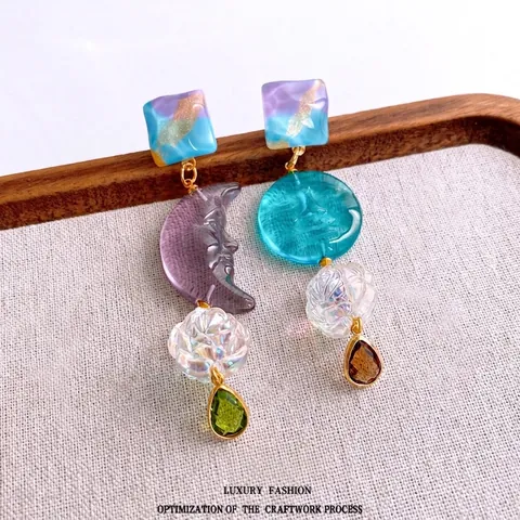 Asymmetrische Zon Maan Gezicht Hangende Oorbellen Met 925 Sterling Zilveren Oorknopjes Hars Vintage Sieraden Voor Dames