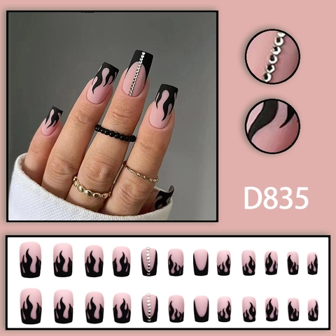 Matte Press On Nails Black Flame French Square False Nails With Rhinestone Accents For Women Cool Y2K Style