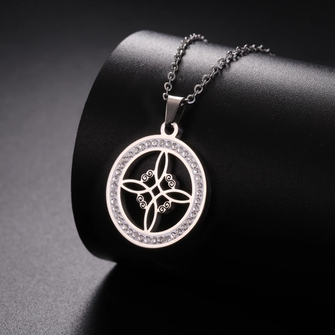 Edelstahl Hexenknoten Anhänger Halskette Rund Hohl Zirkonia Strass Keltischer Knoten Schmuck Für Damen Täglich Geschenk