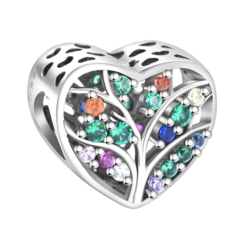 Hollow Heart Charm 925 Sterling Silver Colorful Cubic Zirconia Family Tree Of Life For DIY Jewelry Making Bracelet