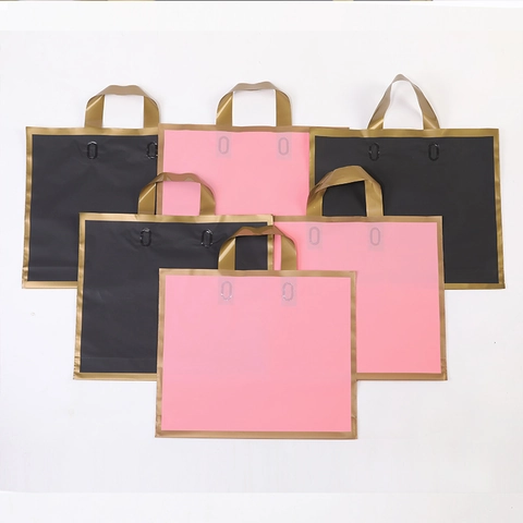 Frosted Gold Border Plastic Shopping Gift Bags Portable Clothing Store Packaging Bottom Fold Handheld Tote