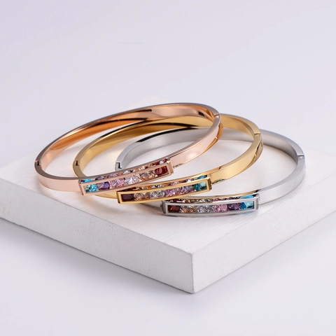 Bracciale Rigido In Acciaio Inossidabile Con Pietre Di Zirconia Colorate Gioielli In Stile Coreano Minimalista Di Lusso Per Donne