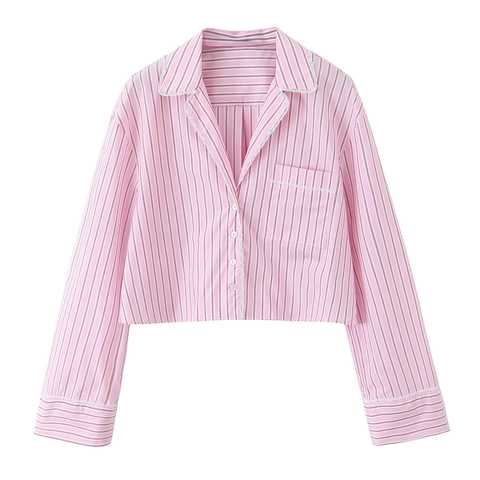 Dames Roze Wit Gestreept Shirt Camisole Wijde Pijpen Broek Kant Lange Mouwen Streetwear Casual Outfit