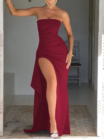 Women Sexy Strapless Ruched Maxi Dress Summer Slim Fit High Slit Solid Color Tube Top Long Dress Evening Party Dress