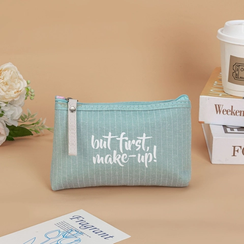 Borsa per Trucchi Portatile in Cotone e Lino Stile Lettera Inglese Stampata Cerniera Borsa da Toeletta da Viaggio