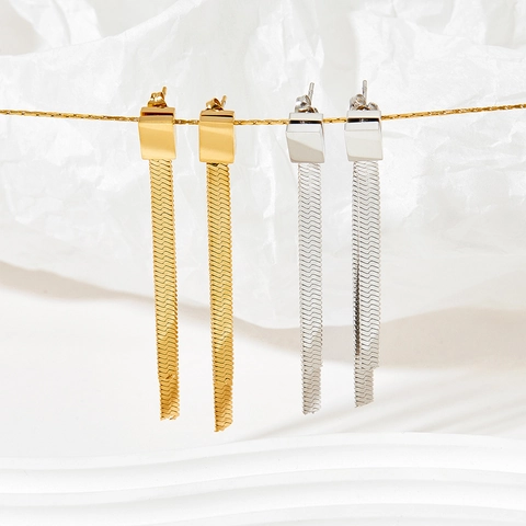 Stainless Steel Long Tassel Earrings Square Geometric Snake Bone Chain Asymmetric Drop Earrings For Women Fashion