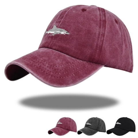 Baseball Cap Washed Cotton Shark Embroidery Distressed Adjustable Dad Hat Sun Protection Outdoor Retro Style