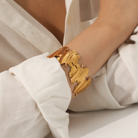 Blad Bloem Open Bangle Armband 18K Verguld Roestvrij Staal Minimalistisch Verstelbaar Manchetten Sieraden Voor Dames