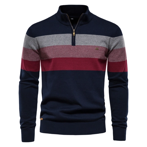 Suéter De Cuello Alto Hombre Cremallera Punto Algodón Manga Larga Rayas Color Block Corte Ajustado Urbano Casual