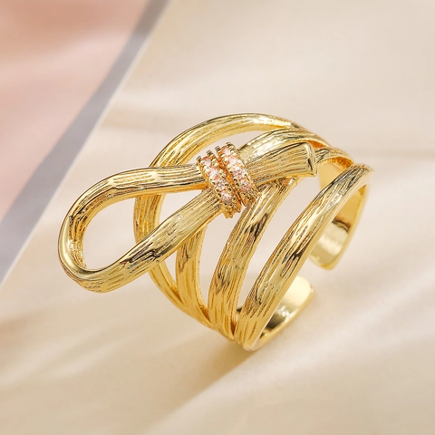 Irregulär Geometrisch Mehrlagig Gewunden Offen Ring Kupfer 18K Vergoldet Zirkon Knoten Verstellbar Schmuck Für Damen Mode