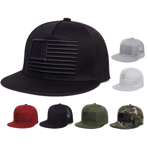 Gorra De Béisbol Snapback De Acrílico Bordado Bandera EE. UU. Visera Plana Ajustable Táctica Hip Hop Transpirable