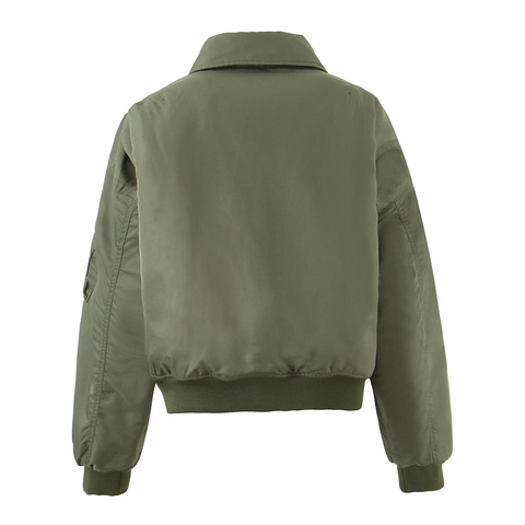 Dames Casual Legergroen Bomberjack Met Reverskraag Zakken Rits Losse Gevoerde Gewatteerde Jas Voor Herfst Winter Mode