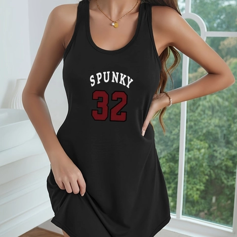 Ärmelloses Tank Nachthemd Damen Buchstaben Nummer Druck Sportliche Loungewear Lässiges Hauskleid Polyester Elasthan