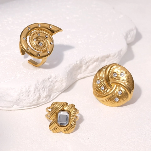 Vintage 18K Vergoldete Edelstahl Verstellbare Offene Ringe Für Frauen Rhinestone Geometrische Spiral Schmuck