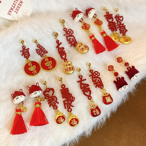 Pendientes De Boton De Caballo Del Zodiaco De Esmalte Rojo Estilo Chino Con Silver Earring Post Joyas De Borla