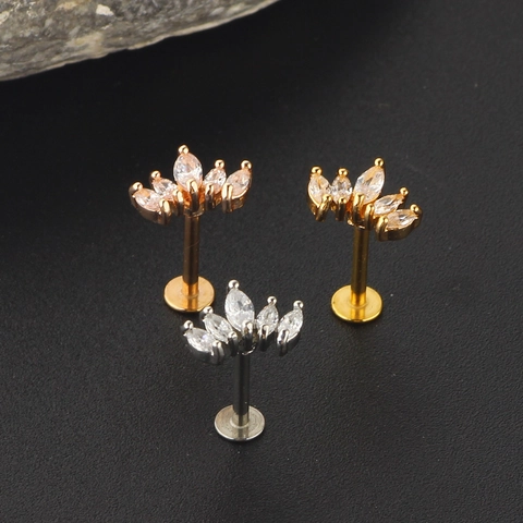Marquise Zircon Fan Shaped Labret Stud Piercing Jewelry Stainless Steel Flat Back Earring Elegant