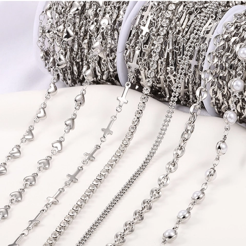 Cadenas Para Fabricación Joyas DIY Acero Inoxidable Para Collar Pulsera Con Diamantes Imitación Y Perlas Artificiales Corazón Cruz