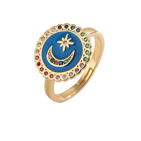 Fashion Copper Open Adjustable Ring For Women Colorful Rhinestone Star Moon Enamel Gold Finger Ring Jewelry Gift