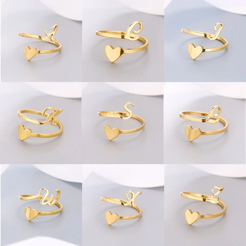 Stainless Steel Initial Heart Open Ring Adjustable 3D Alphabet Letter Finger Ring For Women Minimalist Fashion Jewelry