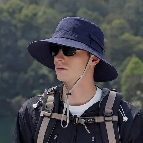 Men Outdoor Bucket Hat Quick Dry Waterproof Wide Brim Sun Protection Fishing Hiking Camping Adjustable Wind Rope