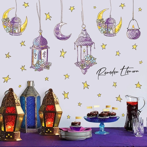Adesivi Murali Ramadan Lanterna Viola Luna Stelle Decalcomanie PVC Rimovibili Decorazione Finestra Casa Tema Festival Medio Oriente
