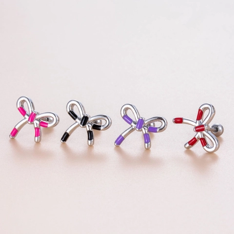 Elegant Bow Stud Earrings For Women Titanium Steel And Copper Enamel Screw Back Cartilage Piercing Niche Design