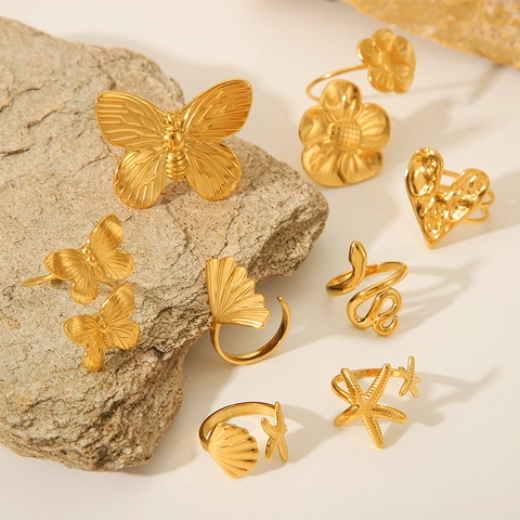 Adjustable Open Rings For Women Stainless Steel Gold Plated Butterfly Flower Heart Snake Starfish Shell Fashion Jewelry